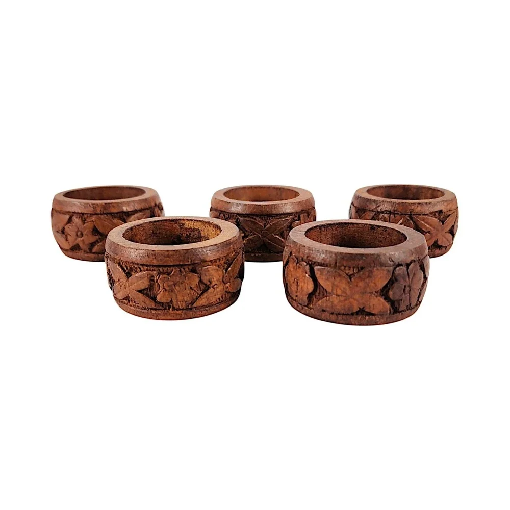 Hand Carved Dark Wood Napkin Holders Rings, Set of 5